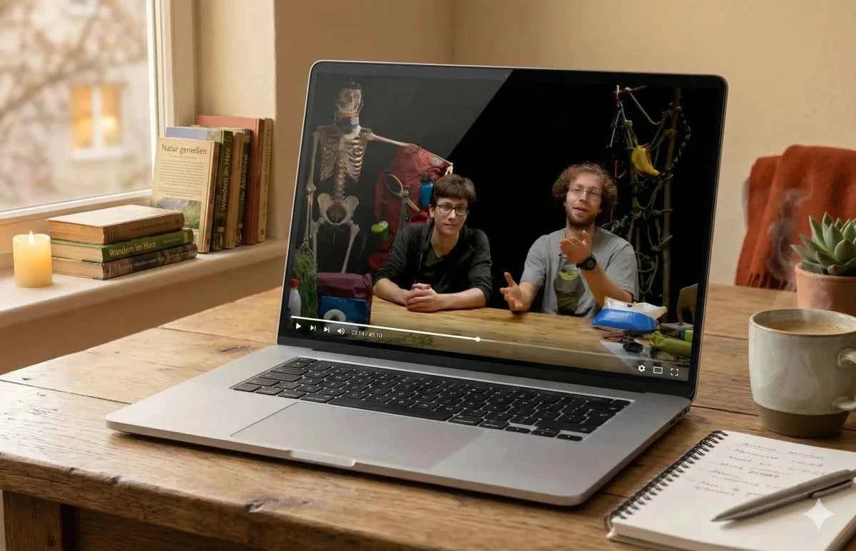 Ein Laptop auf einem Holzschreibtisch zeigt neben einem dampfenden Kaffee den Videokurs Quickstart Wilderness First Aid mit Torsten und Merten auf dem Bildschirm